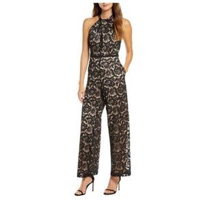 JULIA JORDAN Women's Black/ Nude Wide Leg Lace Halter Jumpsuit JJ37660 Size 8